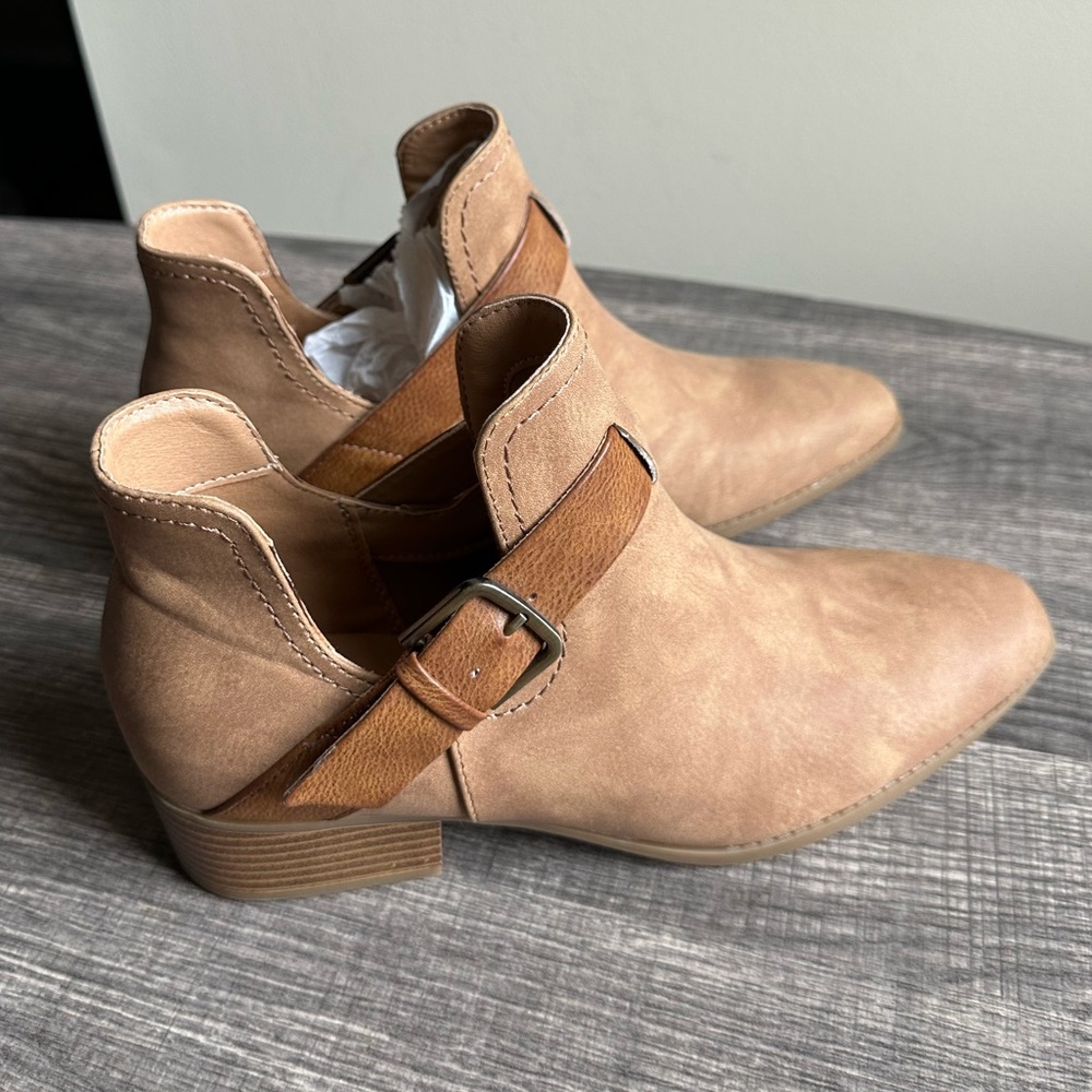 Maeve Light Brown Ankle Boots with Strap Accent - Picture 3 of 12